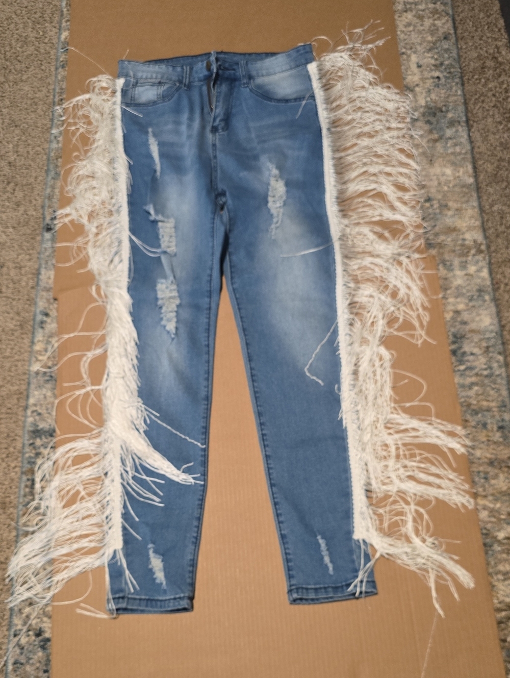 Women's Distressed Blue Fringe Skinny Jeans #109